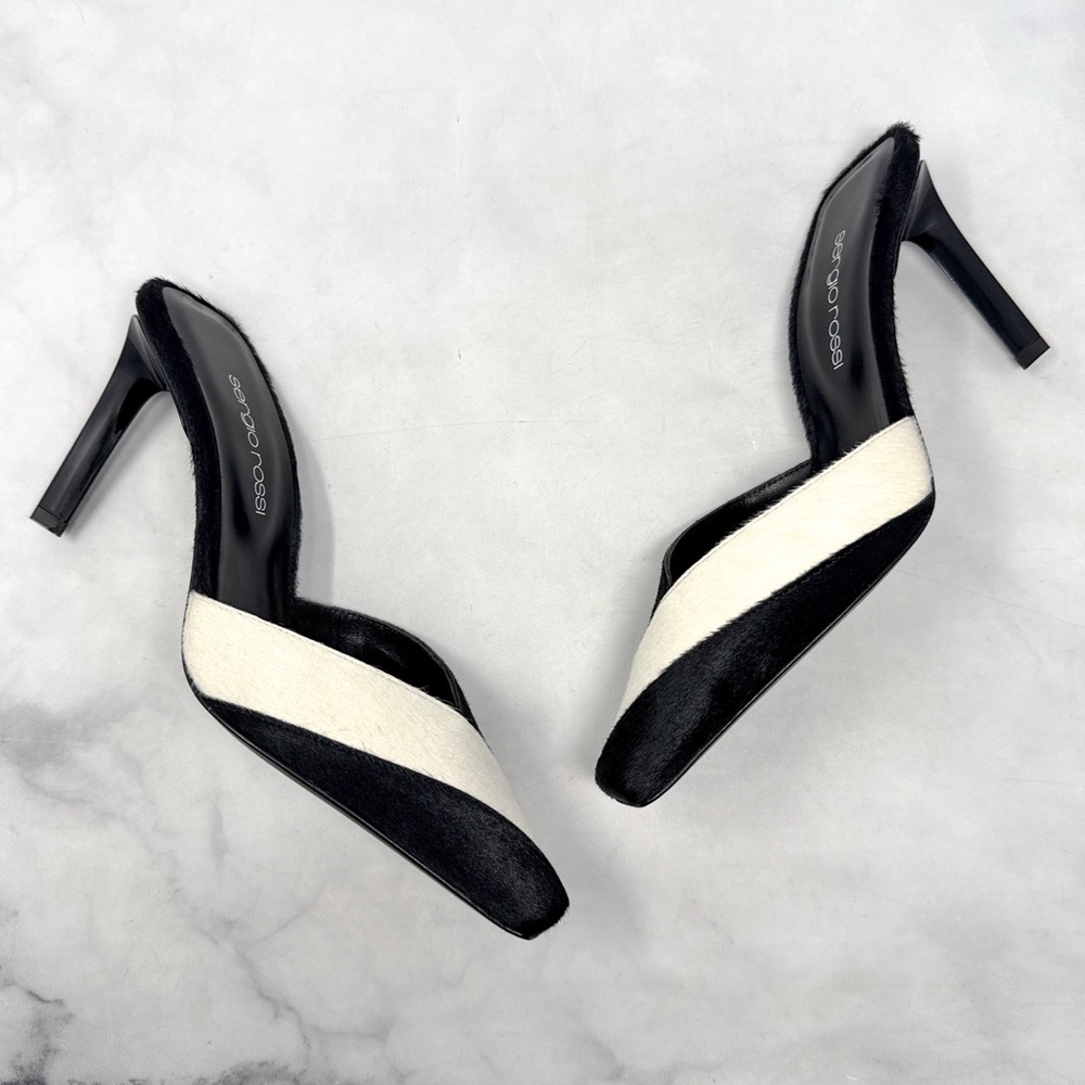 Sergio Rossi Black and White Diagonal Stripe Pointed Toe Mules